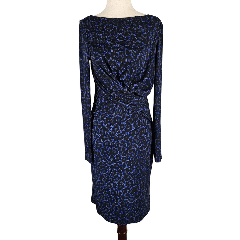 Michael Michael‎ Kors Dress Womens Medium Black Blue Ruched Animal Print Sheath